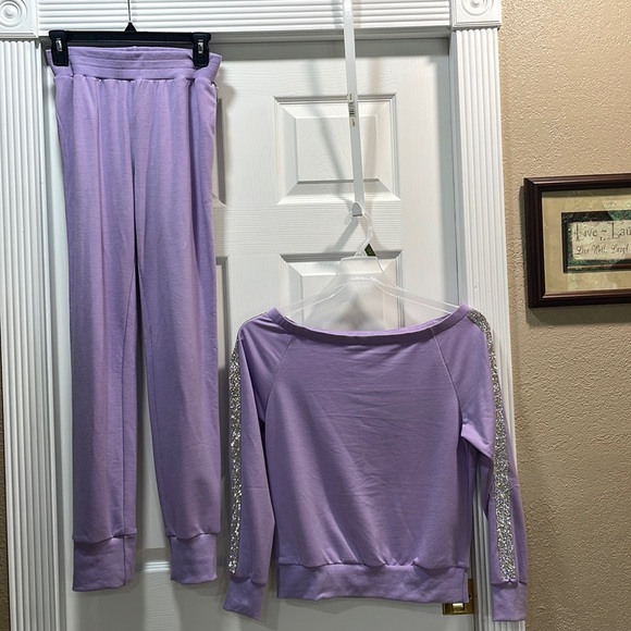 why dress Pants - Light purple sweatsuit with wide neck and rhinestones down the sides